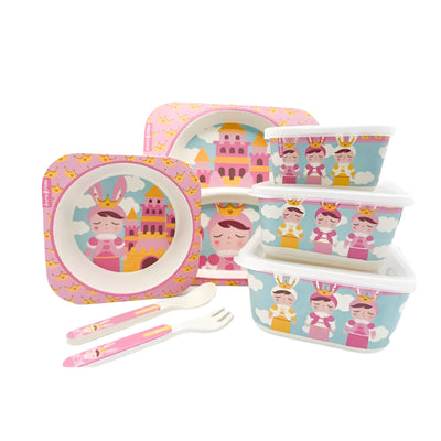 Bamboo fiber kids dinnerware set featuring a divided square plate, bowl, utensils, and three containers with lids, all adorned with princess designs.