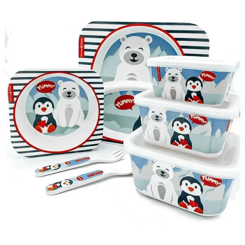 Primo Passi - Bamboo Fiber Kids Super Combo - Divided Square Plate, Square Bowl, Fork&Spoon, And 3 Food Container With Lids - Winter Friends Image 1