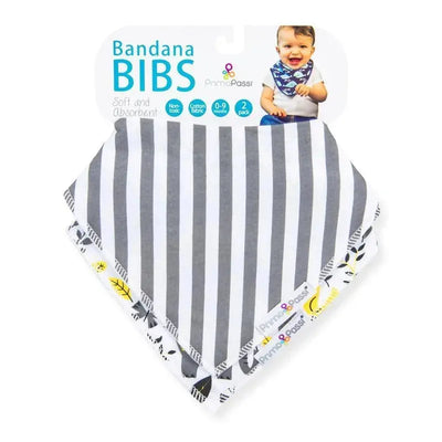 Bandana bibs in elephant and gray stripes design, soft and absorbent, suitable for infants 0-9 months, in a 2-pack.