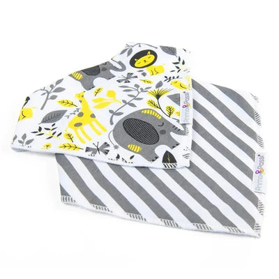 Two bandana bibs in a set, one featuring a colorful animal print with elephants and giraffes, the other with gray and white stripes.