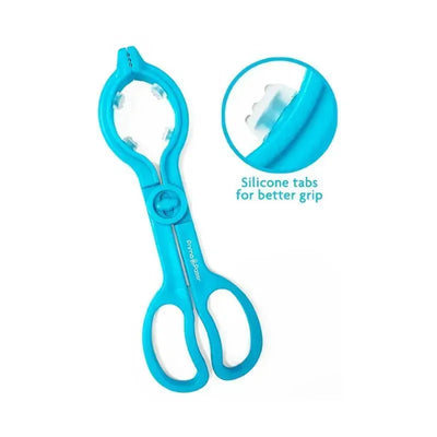 Blue Primo Passi bottle tong with silicone tabs for improved grip, designed for easy handling of bottles.