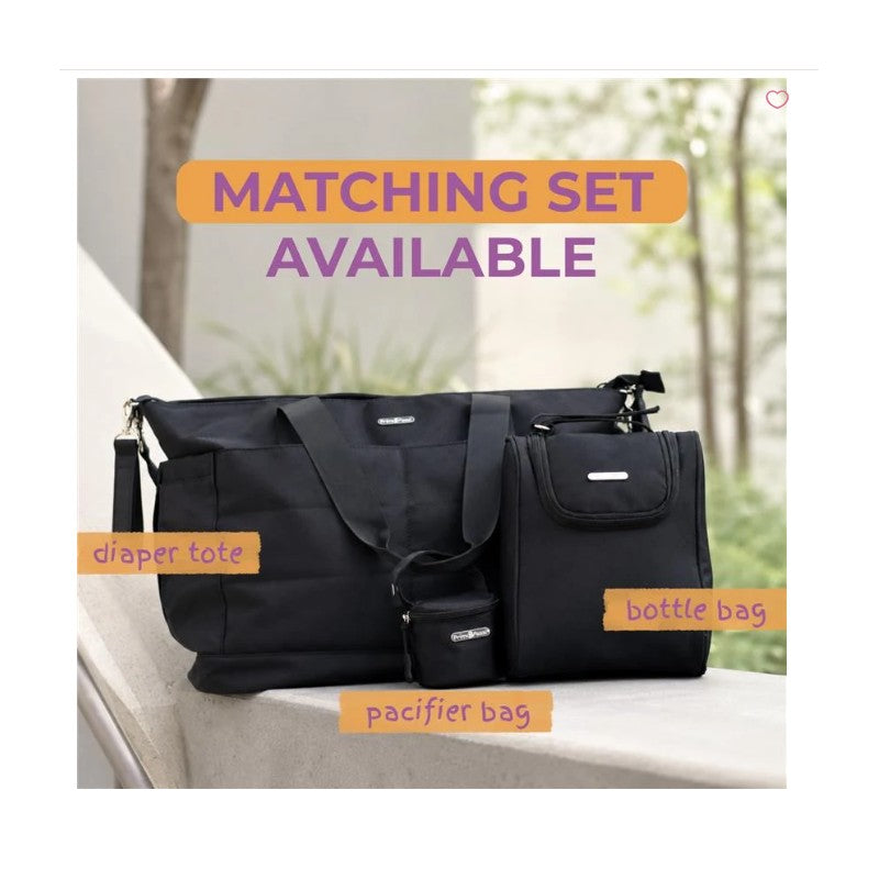 Black Primo Passi Bundle includes a diaper tote, a bottle bag, and a pacifier bag, labeled with key features.