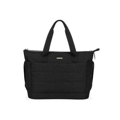 Black Primo Passi diaper bag featuring a zippered top, two sturdy handles, and side pockets for storage.