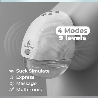 Primo Passi Double Electric Hands-Free Breast Pump featuring four modes, nine levels, and a transparent collection container.
