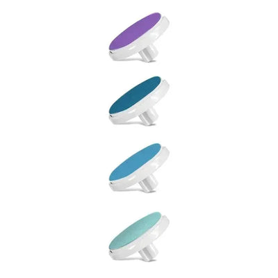 Electric nail trimmer replacement pads in four colors: purple, blue, and teal, featuring circular design and attachment stem.
