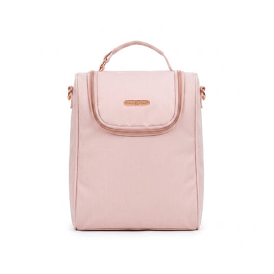 Insulated bottle bag in pink by Primo Passi, featuring a zipper, a rose gold handle, and a sleek design.
