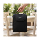 Black insulated bottle bag with a handle, measuring 9x7x4 inches, designed for carrying beverages.