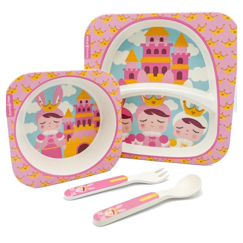 Primo Passi - Bamboo Fiber Kids Combo Divided Square Plate, Square Bowl & Fork&Spoon, Metoo Image 2
