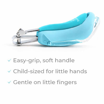 Blue baby nail clipper with a magnifier, featuring an easy-grip soft handle, designed for gentle use on small fingers.