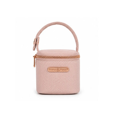 Light pink Primo Passi pacifier bag with a zip closure and a carrying handle, designed for storing pacifiers.