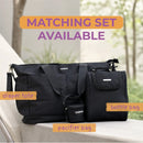 Pink Primo Passi pacifier bag displayed alongside a diaper tote and bottle bag, highlighting a matching set available.