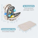Beige Primo Passi PerTutti baby diaper bag backpack with 16 pockets shown open, includes a changing pad beside it.