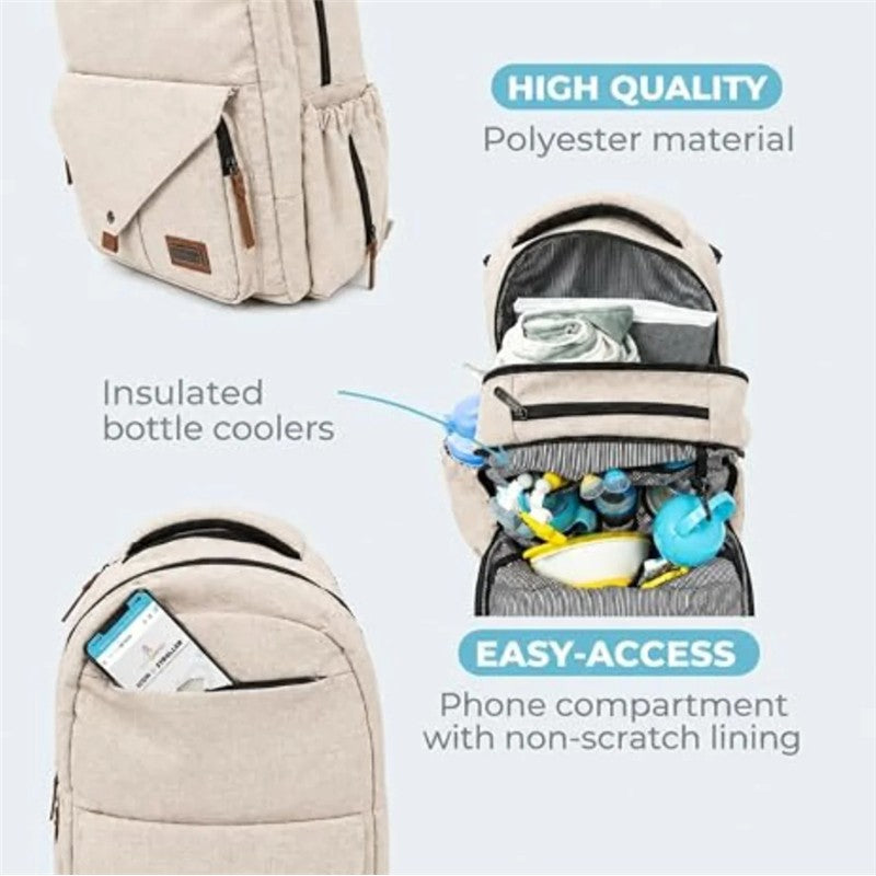 Beige Primo Passi PerTutti Baby Diaper Bag Backpack featuring insulated bottle coolers and easy-access phone compartment.