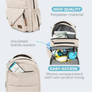 Beige Primo Passi PerTutti Baby Diaper Bag Backpack featuring insulated bottle coolers and easy-access phone compartment.