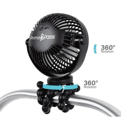 Portable black baby stroller fan by Primo Passi with a flexible mount, capable of 360° rotation.