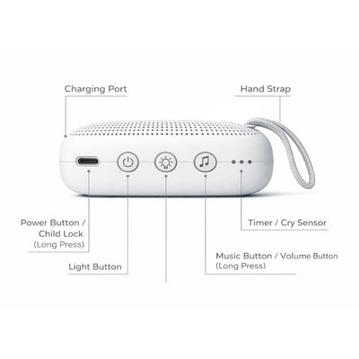 Primo Passi Portable Baby White Noise Machine with night light features buttons for power, light, music, and cry detection.