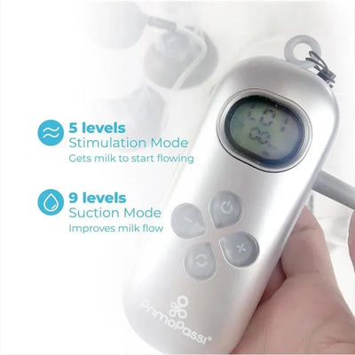 Portable dual charge electric breast pump Primo Passi, featuring a display with stimulation and suction mode levels.