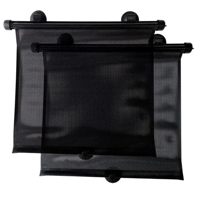Black roller sunshades in a 2-pack, featuring mesh material and suction cup mounts for easy attachment.