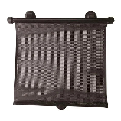 Black roller sunshade designed for cars, featuring a mesh fabric and mounted on adjustable brackets.
