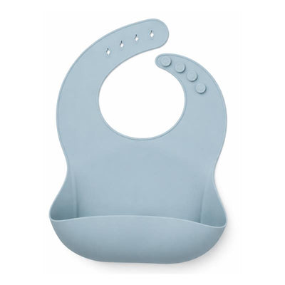 Silicone bib in dusty blue color with a scoop pocket and adjustable neck closure for children.