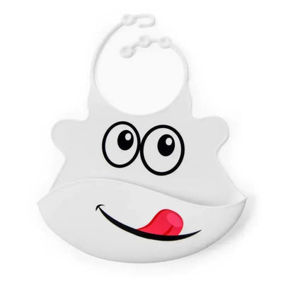 Silicone baby bib in white featuring a playful face with large eyes and a tongue sticking out.