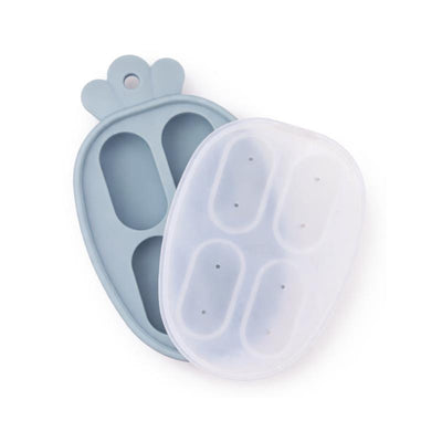 Silicone carrot-shaped freezer tray in dusty blue with an inner compartment for easy food storage.