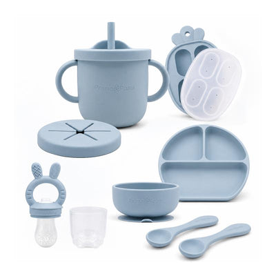 Primo Passi - Silicone Carrot Freezer + Food Feeder + Spoon 2-Pack + Suction Bowl + Suction Plate + Training Cup And Snack Cup - Dusty Blue Image 1