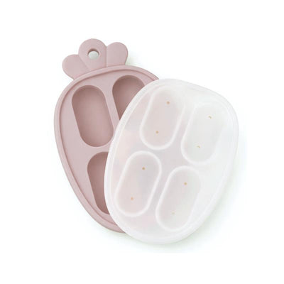 Silicone carrot-shaped freezer mold in rose pink with four cavities for making baby food portions.