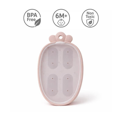 Silicone carrot-shaped freezer tray in gray with four compartments, BPA-free, non-toxic, suitable for ages 6 months and older.
