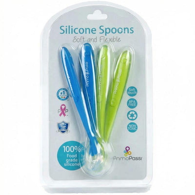 Four silicone spoons in blue and green, labeled as Primo Passi, featuring a soft touch, BPA-free, and non-toxic materials packaging.