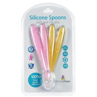 Set of four silicone spoons in pink and yellow packaging, labeled as soft, flexible, and BPA-free.
