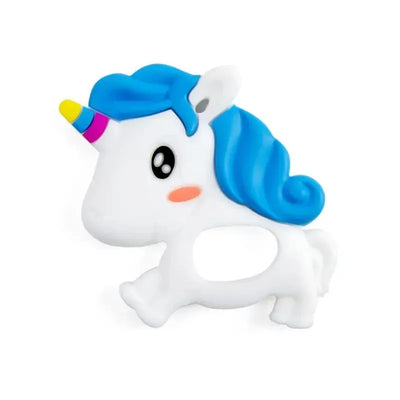 Silicone unicorn baby teether with blue mane, whimsical features, and a hole for easy grip.
