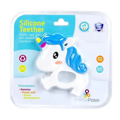 Silicone unicorn baby teether by Primo Passi, BPA free, non-toxic, encourages sensory, visual, and motor development.