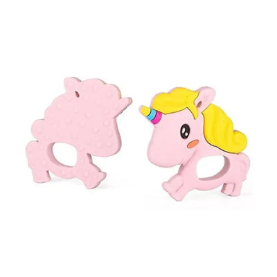 Silicone baby teether shaped like a pink unicorn with a colorful horn and a soft, textured surface.