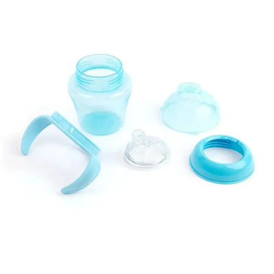 Two blue sippy cup parts: a clear base, a lid, and a handle, designed for children aged 4 months and up.