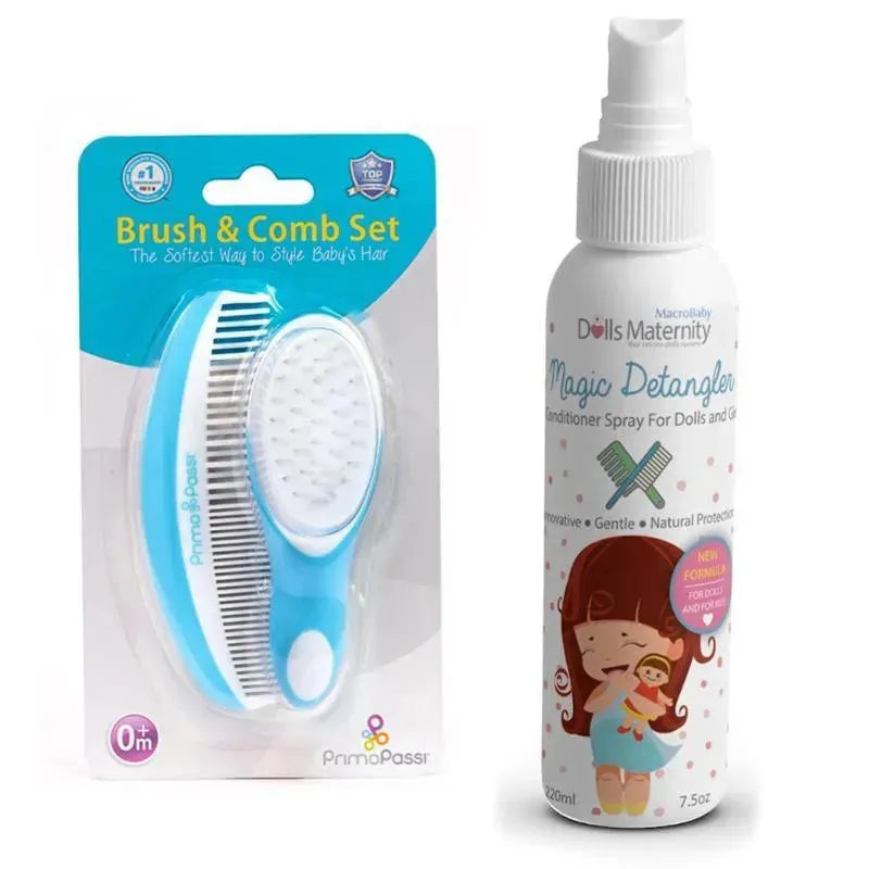 Primo Passi Super Soft Baby Comb And Brush Set (Blue) + Magic Detangler Conditioner  Image 1