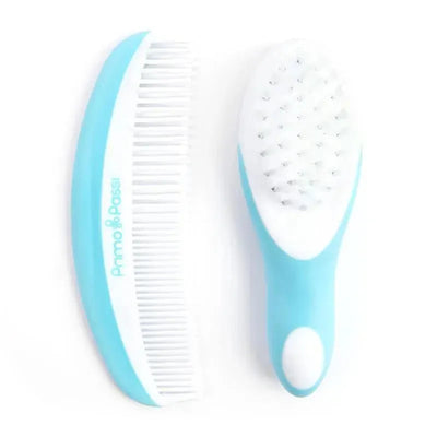 Super soft blue baby comb and brush set by Primo Passi, featuring a gentle bristle brush and fine-toothed comb.
