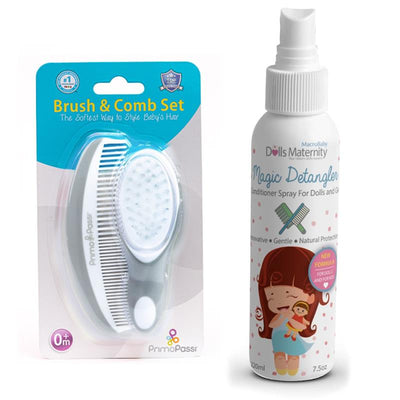 Primo Passi Super Soft Baby Comb and Brush Set in pink, alongside Magic Detangler Conditioner spray, both designed for gentle hair care.