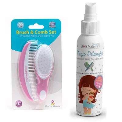 Primo Passi soft baby brush and comb set in pink alongside a Magic Detangler conditioner spray for dolls.