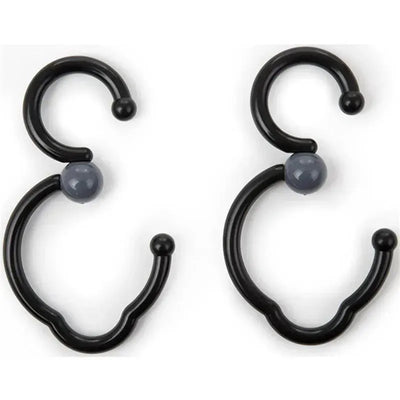 Two black stroller hooks with rounded ends and gray beads, designed for hanging bags and accessories on strollers.