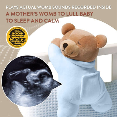 Prince Lionheart Original Slumber Bear in pink, designed to soothe babies with recorded womb sounds, cuddly shape, and smiling face.