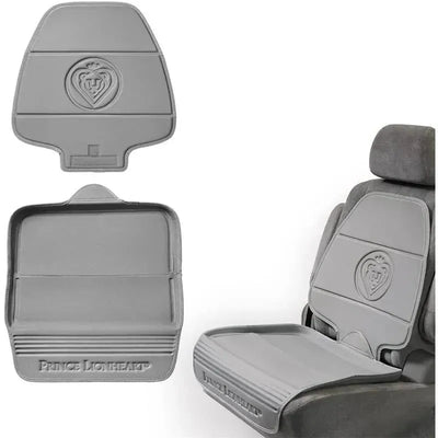Two-stage car seat protector in grey by Prince Lionheart, featuring a lion emblem and designed to safeguard vehicle seats.