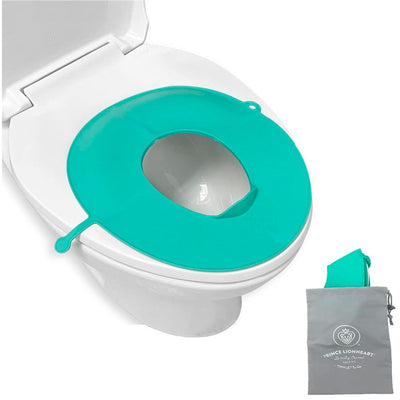 Portable toilet seat cover for toddlers in teal, placed on a white toilet, with a storage bag nearby.