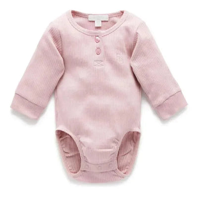 Baby girl ribbed long sleeve henley bodysuit in lavender, featuring buttons and a soft texture.