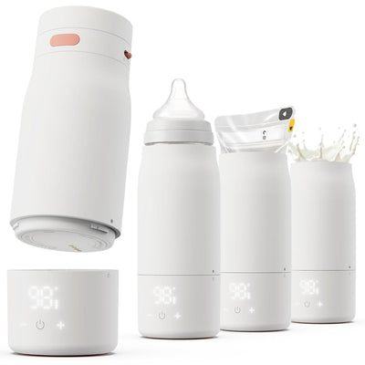 Portable milk warmer Quark BuubiBottle with digital display, designed to warm milk efficiently, featuring multiple containers.