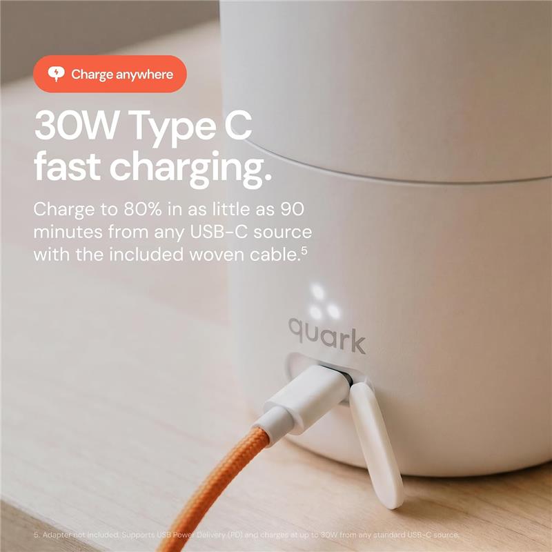 Quark BuubiBottle Portable Milk Warmer PRO showing a USB-C port with an orange woven charging cable, highlighting fast charging capabilities.