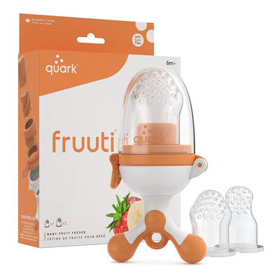 Baby fruit feeder by Quark, designed for ages 6 months and up, with two additional soft silicone nipples and fruit illustrations on the box.