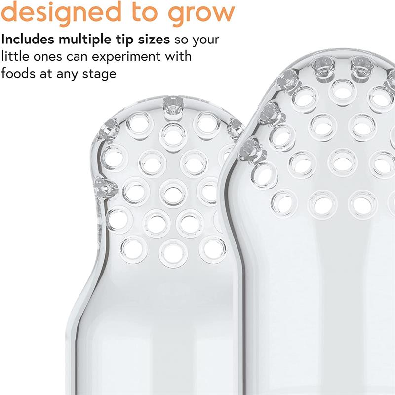 Quark Fruuti Baby Fruit Feeder featuring multiple tip sizes for experimenting with various foods safely.