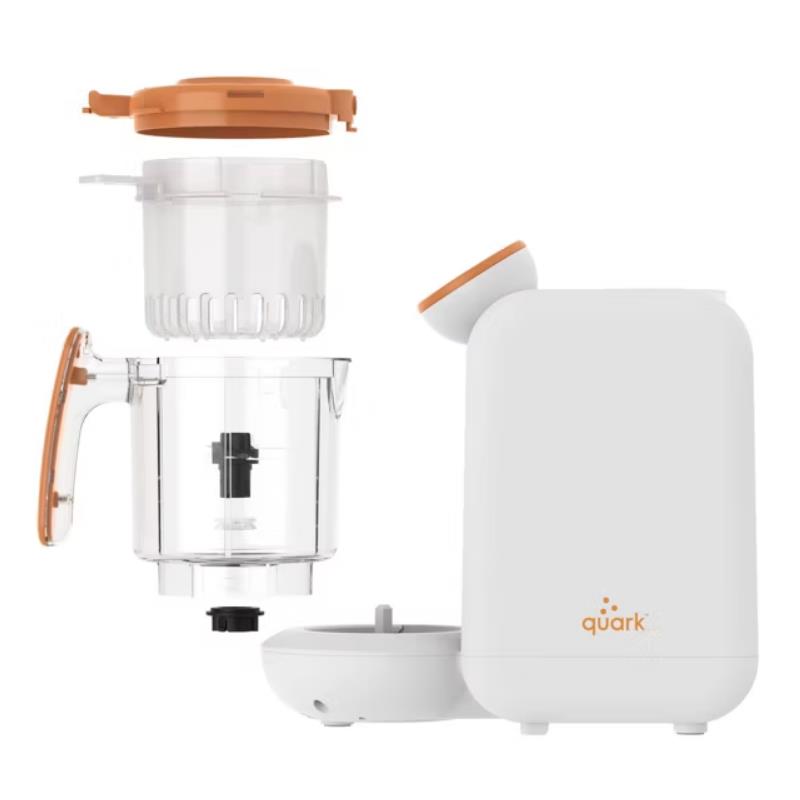 5-in-1 baby food processor with detachable clear bowl, orange accents, and compact white body for easy food preparation.
