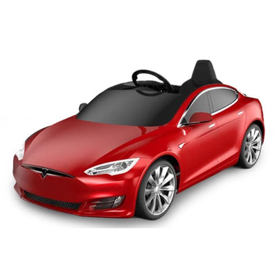 Red metallic Tesla Model S for Kids by Radio Flyer, featuring a detailed exterior and steering wheel.